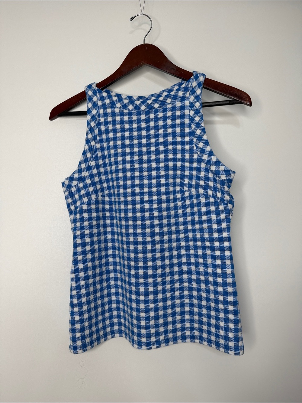 Ann Taylor Blue and White Gingham Checkered Boat Neck Sleeveless Top XS